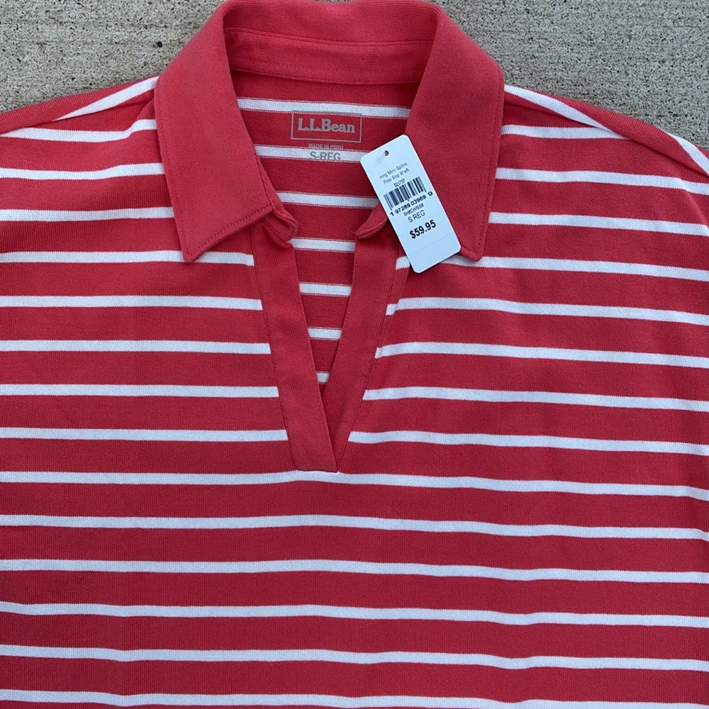 L.L. Bean Coral Red & White Striped Rugby Polo